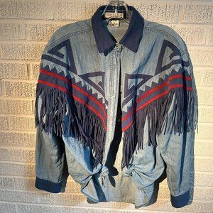 1990S VINTAGE WOMENS WESTERN LONG SLEEVE DENIM BUTTON UP WITH FRINGE